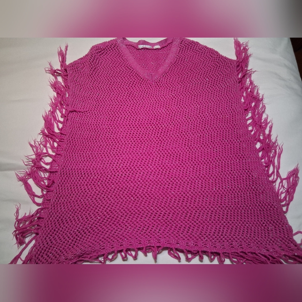 Hot Pink Crochet Glitter Fringe Poncho Shrug - Mermaidcore Festival Boho Mesh - Picture 3 of 8
